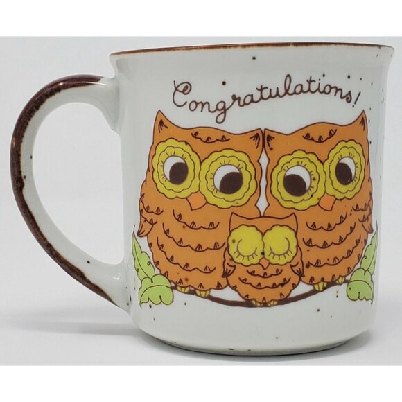Retro Owl Mug Speckled Stoneware Owlet Baby Congratulations Vintage - Picture 4 of 5